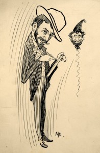 Self-portrait of Bert Levy holding his sketchpad. 