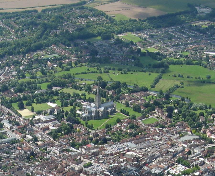 View from the air of Salisbury Cathedral and all that is built up around it.