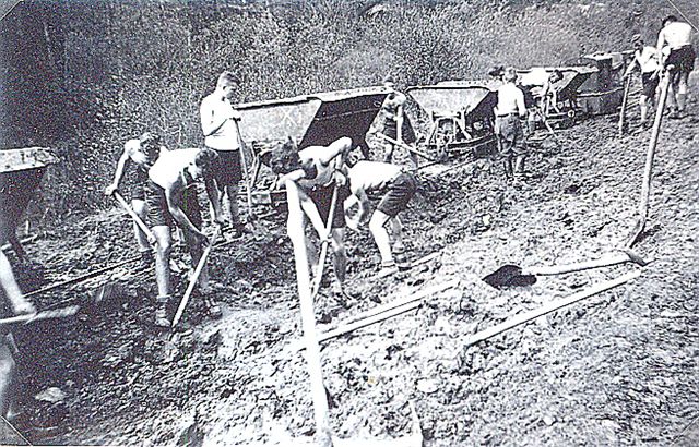 Young men doing roadbuilding at a coastal village Gross Möllen, near Köslin.