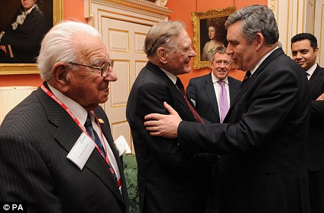 'Great bravery': Gordon Brown greets 91 year-old Denis Avey at the awards ceremony, while 100-year-old Sir Nicholas Winton stands nearby.