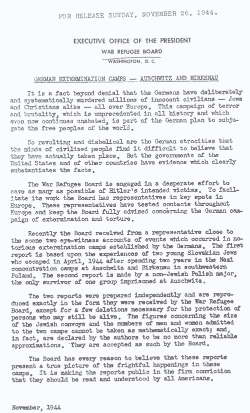 Press release for the World Refugee Board Report.