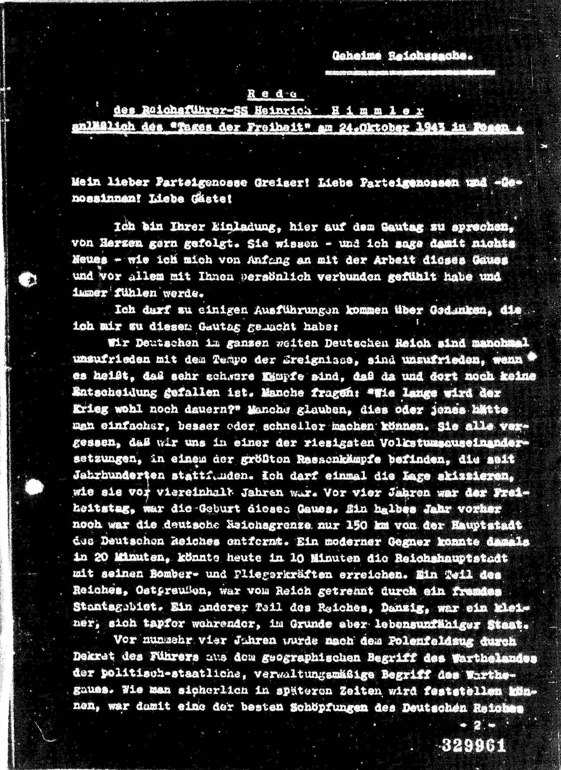 Negative of page from Himmler speech