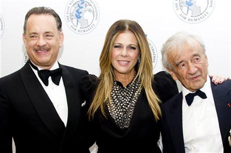 Tom Hanks and his wife Rita Wilson with Wiesel at the Elie Wiesel Foundation 'Arts for Humanity' Gala in New York City.