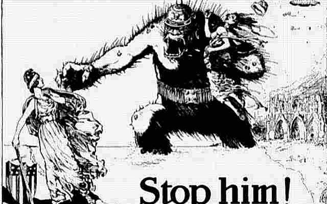 Propaganda poster or cartoon of the period in which the British try to influence the USA to enter the war against Germany-Austria.