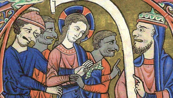 Medieval illustration of Jesus being forcibly led by hook-nosed Jews before the Jewish High Priest Caiaphas.