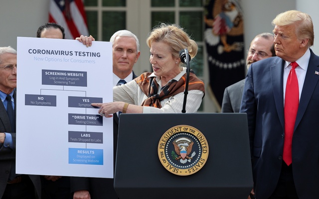 President Trump with his Covid-19 team, Fauci, Mnuchin, Pence, Birx, and Azar.