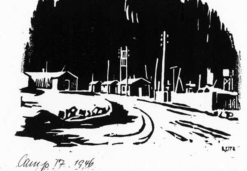 A lino-print of the Lodge Moor camp by Heinz Georg Lutz in 1946 when he was a prisoner there.