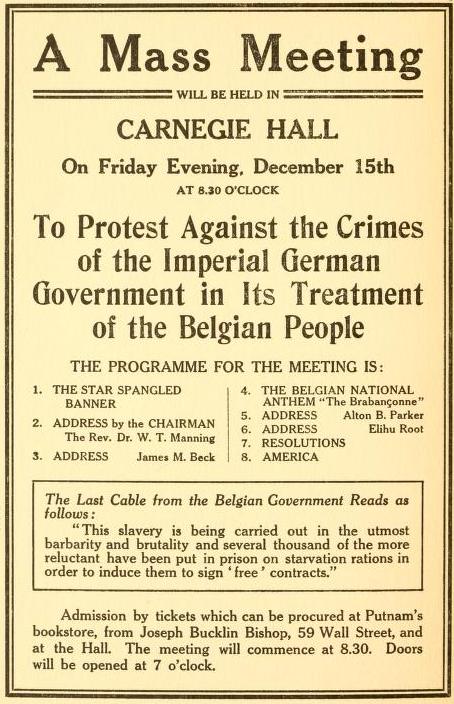 Placard announcing meeting to protest German treatment of Belgians.