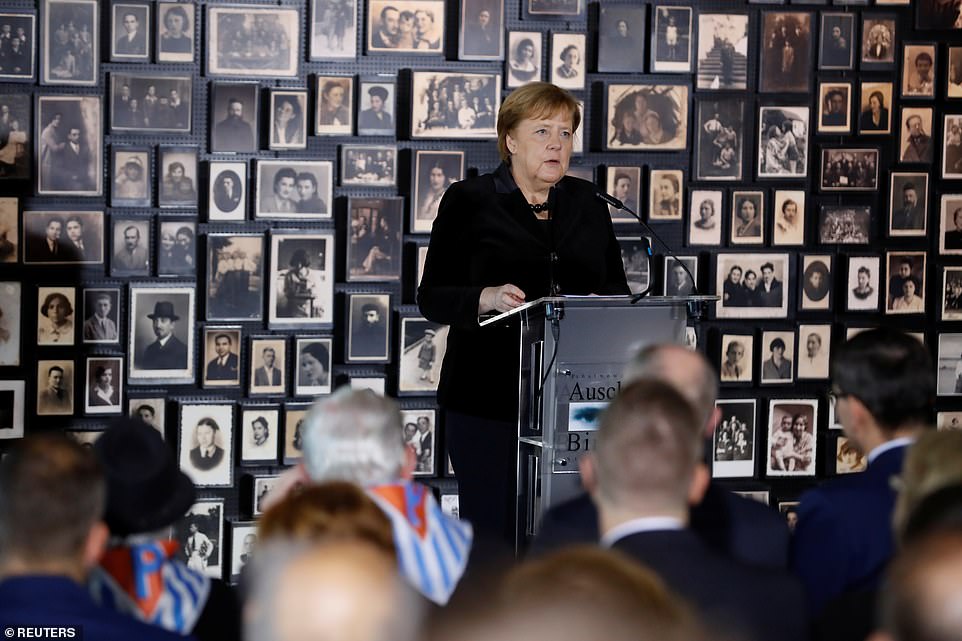 Merkel gives speech in Sauna bldg.
