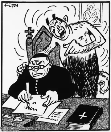 Devil prompting Catholic Priest to write anti-Nazi slogans, cartoon