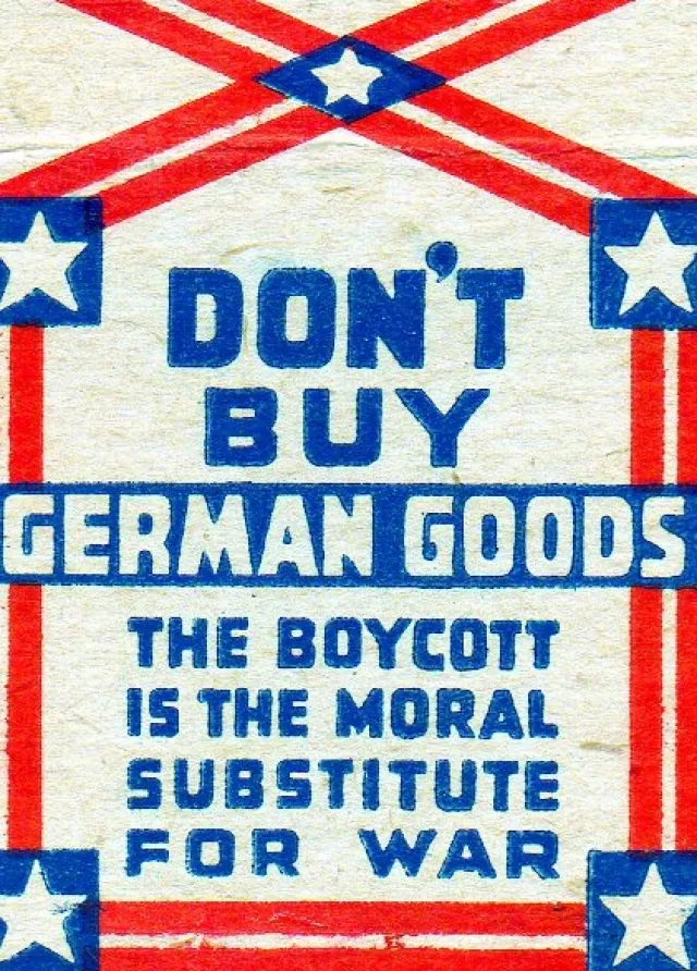 The cover of a matchbook distributed by Samuel Untermyers' “Non-Sectarian Anti-Nazi League to Champion Human Rights” in support of the anti-Nazi boycott of 1933.