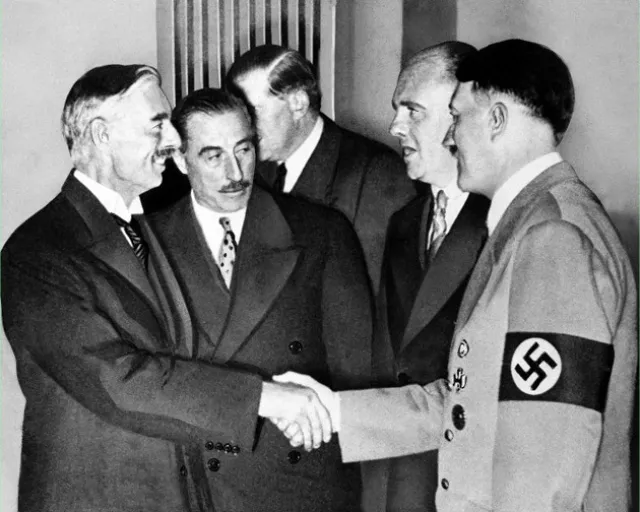 Prime minister Neville Chamberlain shakes hands with Führer Adolf Hitler on Sept. 29, 1938 at Munich Conference on Czechoslovakia.