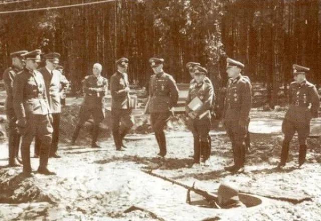 Adolf Hitler, at the left, at his Wehrwolf headquarters near Vinnytsia, Ukraine in 1942 or 43.